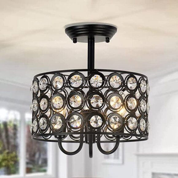 Modern Semi Flush Mount Light Fixture | Black Crystal Drum Shade - Picture 1 of 8